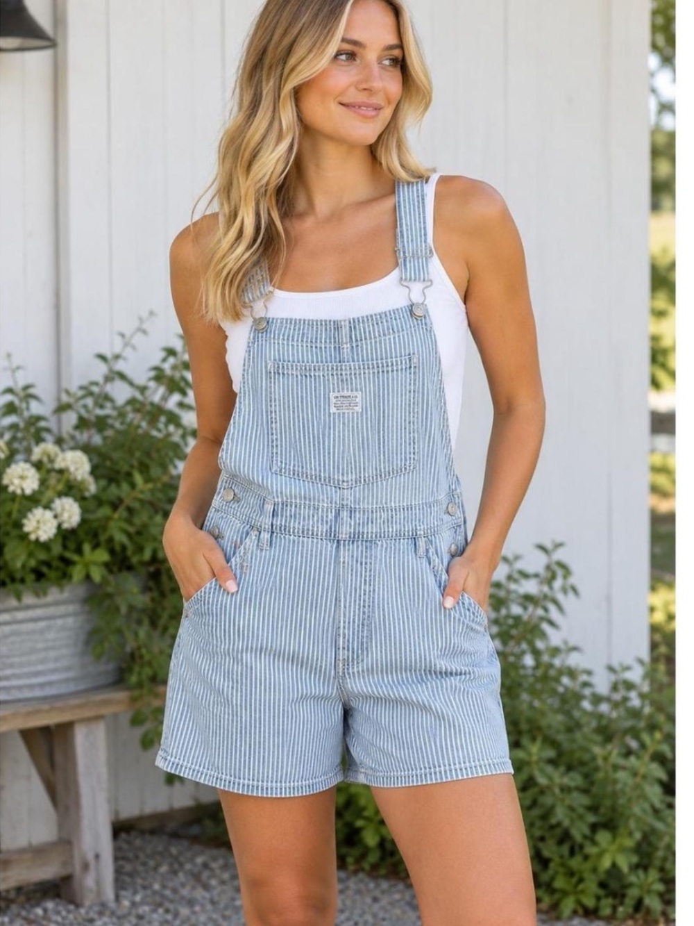 Levi’s Hickory Stripe Denim Overall Shorts Large